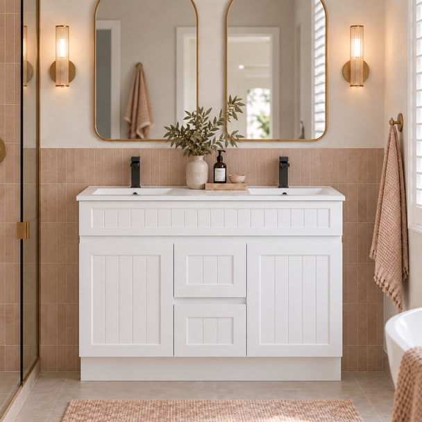ACACIA FLOOR STANDING VANITY W/ KICK 1200 (DOUBLE BASIN) - MATTE WHITE