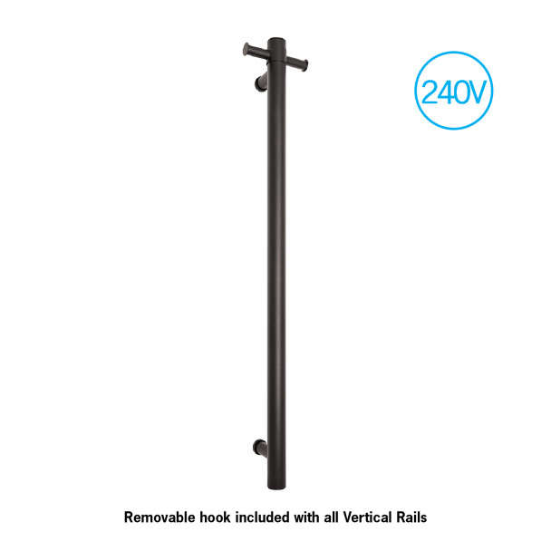 Thermorail Straight/Round 240Volt Vertical Bar 900x142x100mm 22Watt With Optional Hook - Matte Black