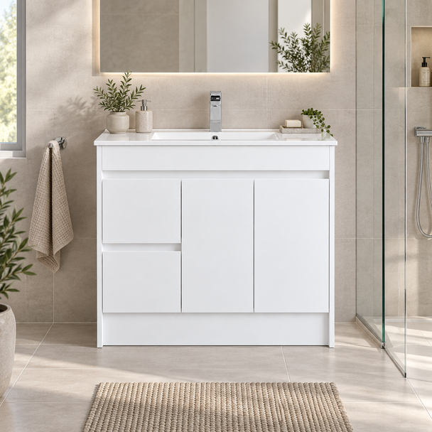 POLAR SLIMLINE LEFT HAND 900x370 FLOOR STANDING PVC VANITY