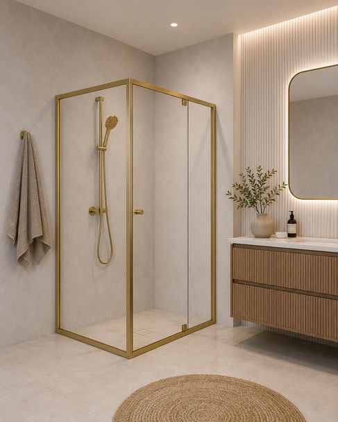 PACEY SEMI-FRAME CORNER PIVOT DOOR SHOWER SCREEN BRUSHED GOLD