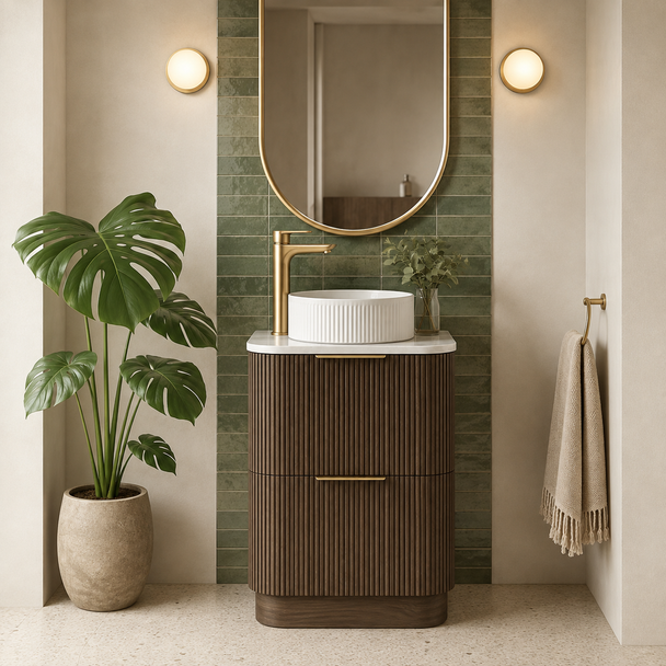 HAVANA FLUTED 600mm SABLE WALNUT FLOORSTANDING CURVE VANITY