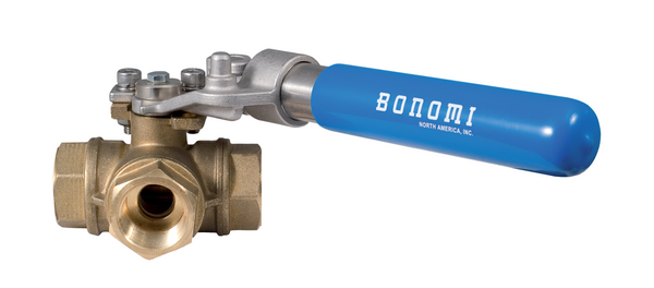 365NSRL - 3-way brass ball valve, FNPT, threaded standard port, with deadman spring return handle.