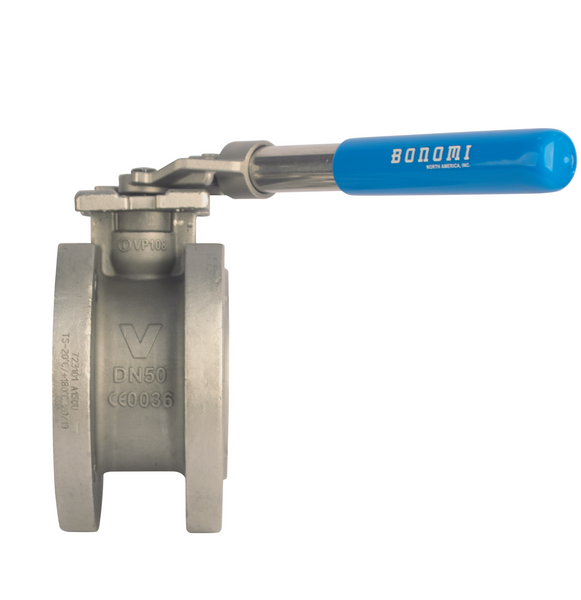 723101 SRL - Stainless steel direct mount, ASME/ANSI class 150 Wafer-style flanged ball valve, full port with deadman spring return handle.