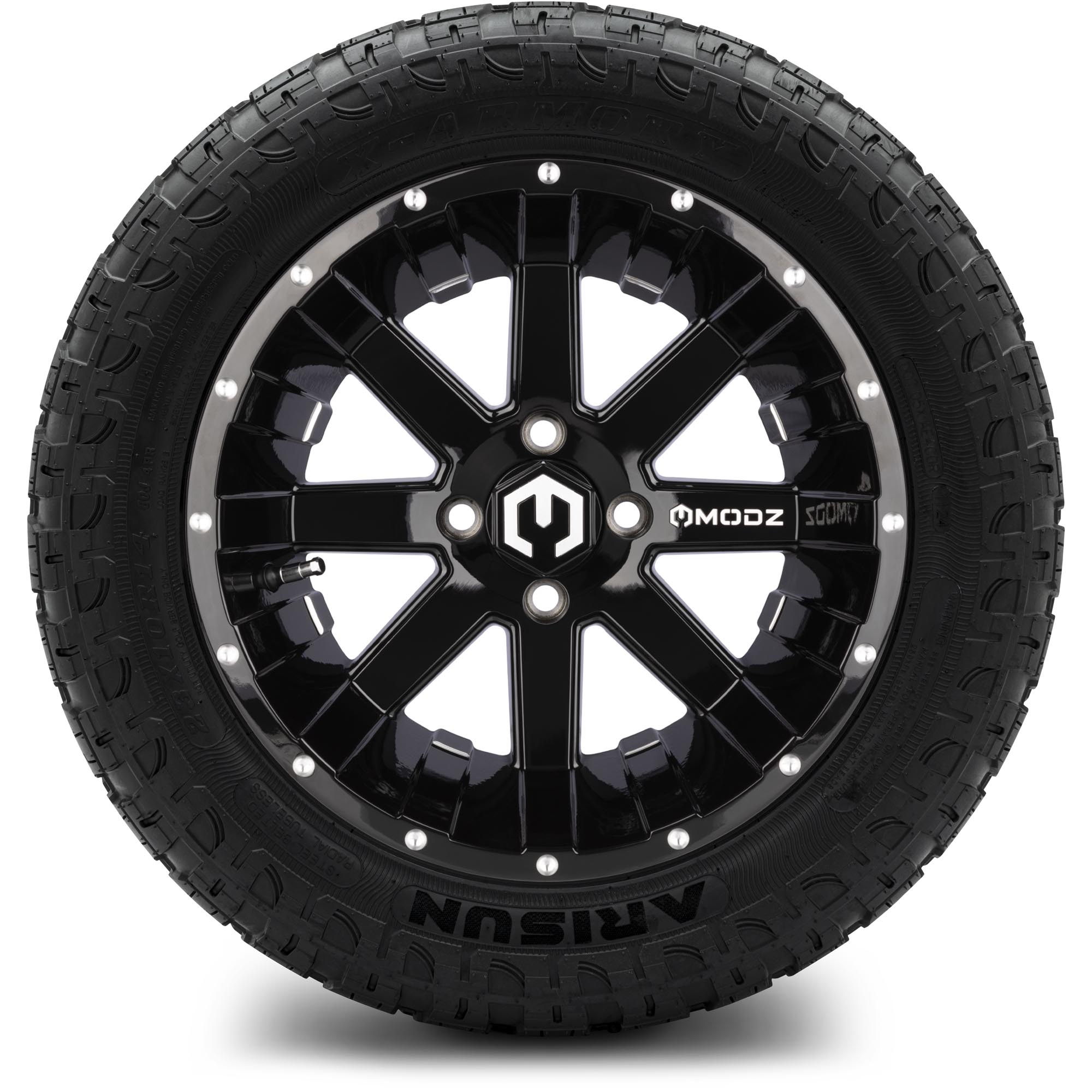 MODZ® 14" Assault Glossy Black with Ball Mill - All-Terrain Tires and Golf Cart Wheels Combo