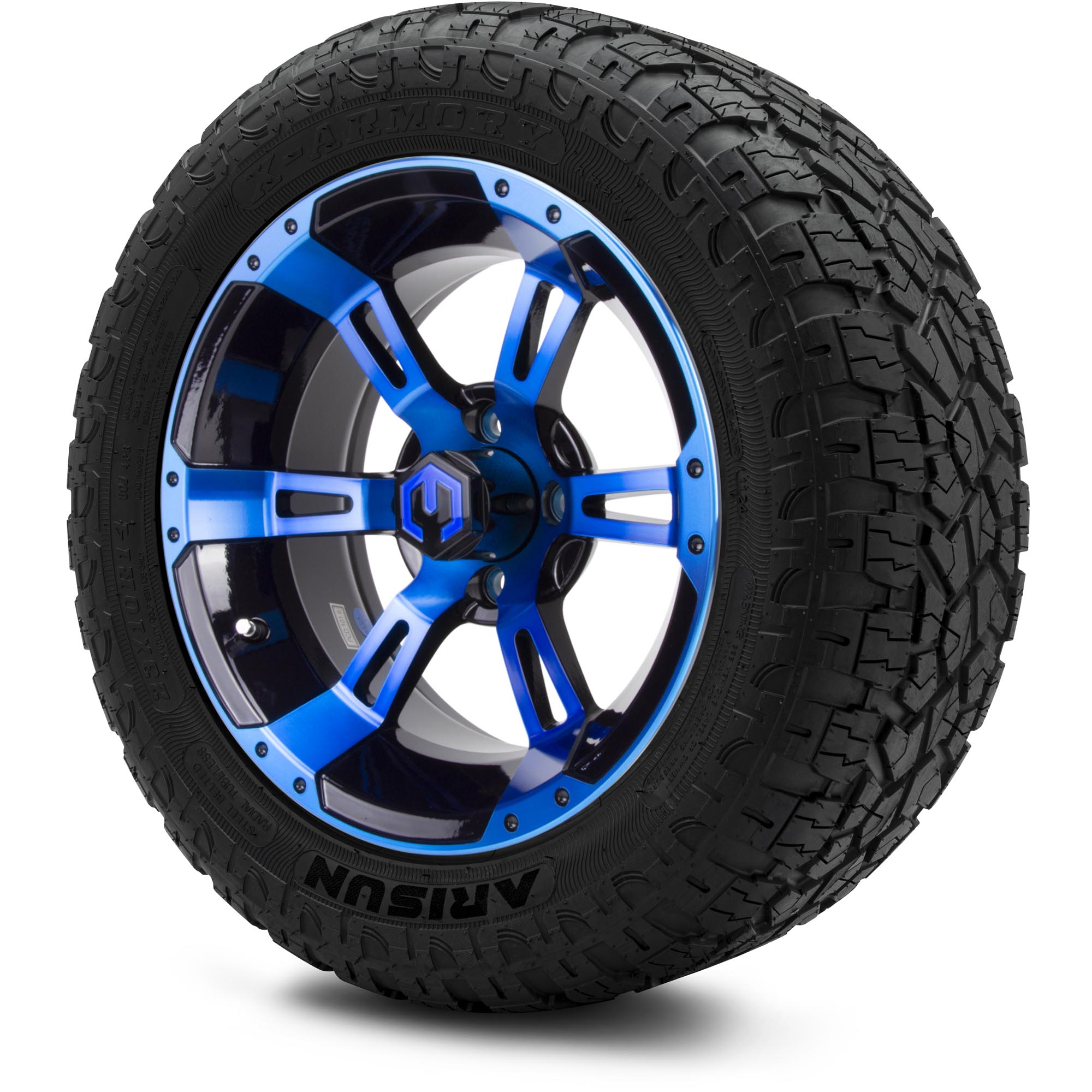 MODZ® 14" Ambush Black w/Machined Face Blue Clear Coat - All-Terrain Tires and Golf Cart Wheels Combo