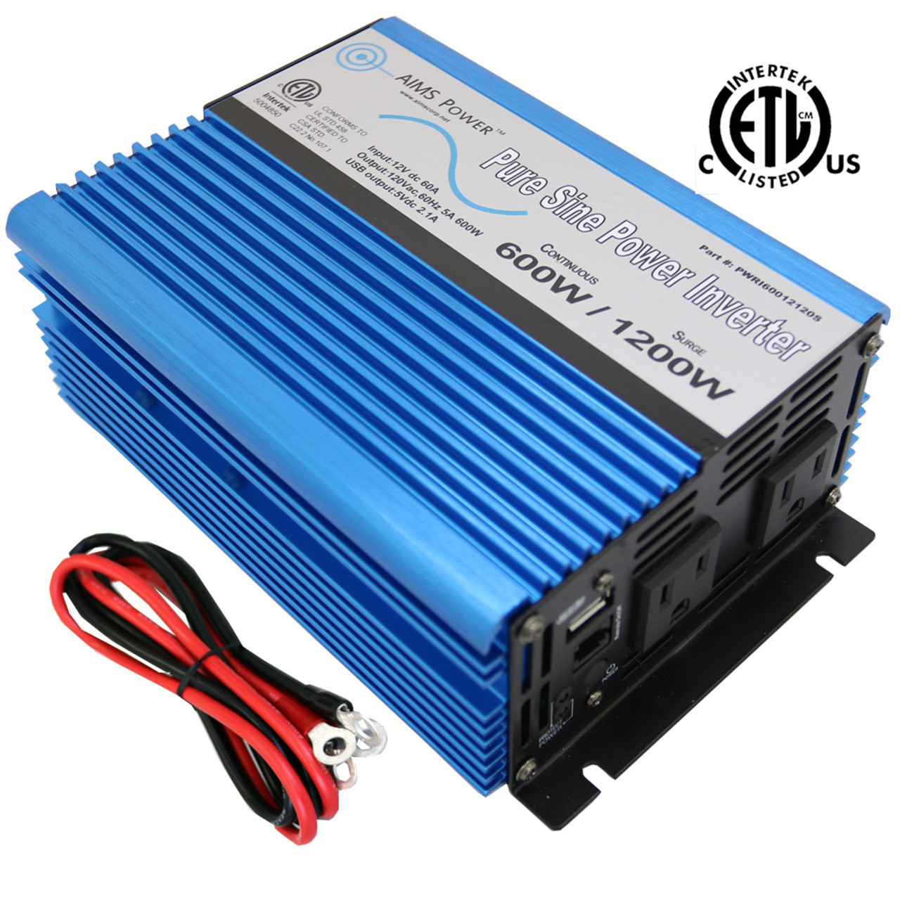 Aims Power | PWRI60012120S | 600 Watt Pure Sine Power Inverter 12 Volt Listed to UL 458