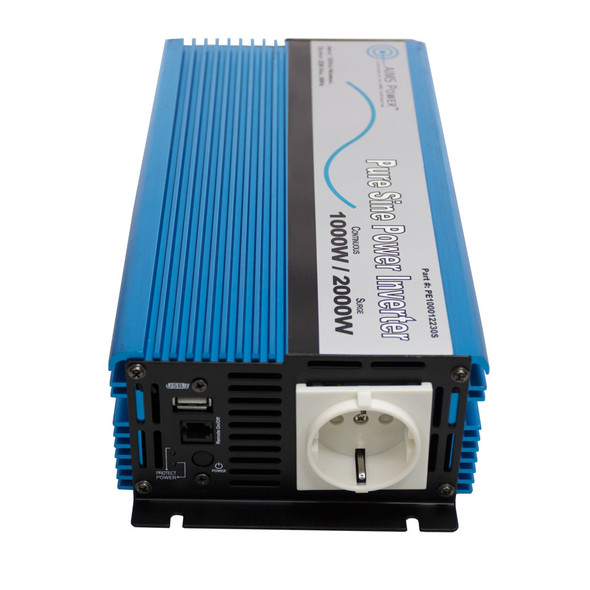 1000 Watt Pure Sine Power Inverter European 12 VDC to 220/230 VAC Front with Euro Plug