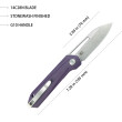General Information:
Brand: Kubey
Item Name: Royal
Model No.: KU321U
UPC: 759382992938
Product Type: Folding Knife
Dexterity: Ambidextrous
Best Use: Outdoor, Every Day Carry
Designer: Colin Maisonpierre
Country of Origin: China
Warranty: Lifetime

Material:
Blade Material: 14C28N
Heat Treatment: Vacuum & Cryogenic
Blade Shape: Clip Point
Blade Finish: Stonewash
Way of Sharpening: Flat
Type of Edge: Plain
Handle Material: G10
Handle Color: Purple

Dimensions:
Item Weight: 3.22 oz / 94 g
Overall Length: 7.28 inch / 18.5 cm
Handle Length: 4.28 inch / 10.9 cm
Handle Thickness: 0.51 inch / 1.3 cm
Blade Length: 2.99 inch / 7.6 cm
Blade Width: 0.98 inch / 2.5 cm
Blade Thickness: 0.12 inch / 3.1 mm
Blade Hardness: HRC60-62
Sharpening Angle: 15°-20°

Accents & Hardware:
Backspacer Material: N/A
Backspacer Color: N/A
Clip Material: Stainless Steel
Clip Finish: Sandblast
Clip Position: Tip-up, L/R
Pivot Cap Material: Stainless Steel
Pivot Cap Finish: Sandblast
Liner Material: Stainless Steel
Liner Finish: Sandblast
Filler Tab Material: Stainless Steel
Filler Tab Finish: Sandblast
Screws Material: Stainless Steel
Screws Finish: Sandblast
Lock Type: Liner Locking
Washer Material: Caged Ceramic Ball Bearing
Washer Size: 5.2 (d) X 9.6 (D) X 1.6 (H) mm