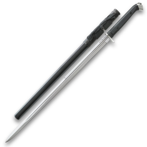 The Honshu Boshin® Double Edge Sword fuses tradition and innovation to yield a masterwork of modern sword design. The sword boasts a 30 1/2” 1060 high carbon steel blade that’s unrivaled in sharpness and strength. Trading traditional trappings for sleek contemporary style, the cutting edge Boshin® is an undeniably modern weapon. Textured TPR shrouds the handle for an ergonomic no-slip grip and the handle is crowned with an oversized polished steel pommel. The guard snubs fanciful ornamentation in favor of a practical pointed ellipse design. In keeping with the Boshin® sword’s clean, functional motif, the scabbard is wooden with a semi-gloss black finish and features black faux leather wrapping and cotton cord. Wielding the Honshu Boshin® Double Edge Sword is almost Zen-like – you just have to experience it for yourself!
