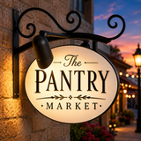 Lighted Milano Fixed Sign Bracket Kit at night time lighting up market sign