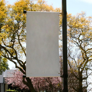 One-Way Ball Finial Banner Bracket Pair with white banner One-Way Ball Finial Banner Bracket Pair with white banner