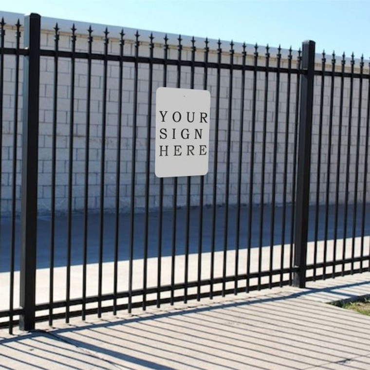 A sign installed on wrought iron fence using Wrought Iron Fence Sign Holder
