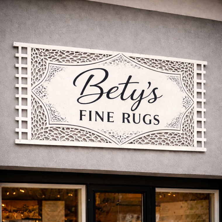 Custom Made Storefront signage made from CNC machine Bety's Fine Rugs