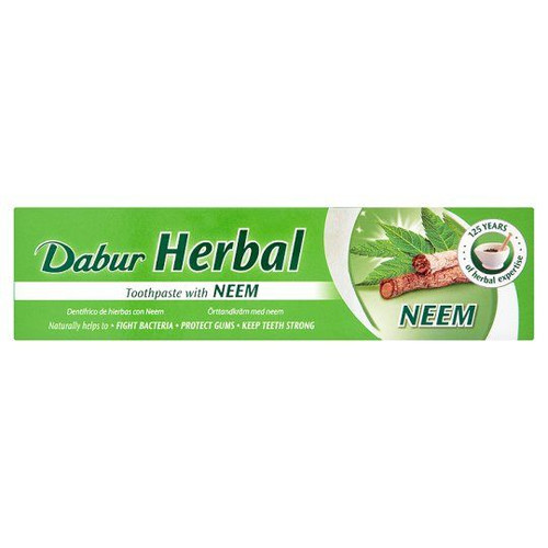 Dabur Herbal Toothpaste - NEEM is enriched with a unique blend of nature’s finest teeth and gum protecting ingredients like Neem, natural Calcium and Lotus bark. Neem, a natural antibacterial ingredient is widely known to protect against odour causing bacteria. *Regular brushing with Dabur Herbal Toothpaste - NEEM helps to protect teeth against bacteria, promote healthy gums and strong teeth.No added fluoride.Suitable for vegetarians.No artificial colours or preservatives.