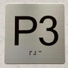Signage Elevator parking 3 (P3) FLOOR  / jamb plate parking 3 (P3) floor  letters/Image & Grade 2 Braille - Includes Red Adhesive pad for Easy Installation (SILVER / BRUSH SILVER , Tacticle ) - The Sensation line