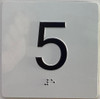 Sign Elevator floor 5 /jamb plate floor 5  letters/Image & Grade 2 Braille - Includes Red Adhesive pad for Easy Installation (white, Tacticle ) - The Sensation line