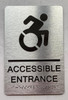 Sign ACCESSIBLE ENTRANCE  with Raised letters/Image & Grade 2 Braille - Includes Red Adhesive pad for Easy Installation ( Brushed Aluminum/silver, Tacticle ) - The park Ave Line
