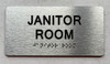 Signage JANITOR ROOM  with Raised letters/Image & Grade 2 Braille - Includes Red Adhesive pad for Easy Installation (Brushed Aluminum/silver, Tacticle ) - The park Ave Line