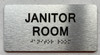 JANITOR ROOM  with Raised letters/Image & Grade 2 Braille - Includes Red Adhesive pad for Easy Installation (Brushed Aluminum/silver, Tacticle ) - The park Ave Line