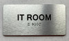 Sign I.T ROOM  with Raised letters/Image & Grade 2 Braille - Includes Red Adhesive pad for Easy Installation (Brushed Aluminum/silver, Tacticle ) - The park Ave Line