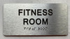 FITNESS ROOM  with Raised letters/Image & Grade 2 Braille - Includes Red Adhesive pad for Easy Installation (Brushed Aluminum/silver, Tacticle ) - The park Ave Line