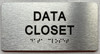 Sign DATA CLOSET  with Raised letters/Image & Grade 2 Braille - Includes Red Adhesive pad for Easy Installation (Brushed Aluminum/silver, Tacticle ) - The park Ave Line