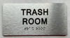 Sign TRASH ROOM  with Raised letters/Image & Grade 2 Braille - Includes Red Adhesive pad for Easy Installation (Brushed Aluminum/silver, Tacticle ) - The park Ave Line