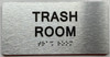 TRASH ROOM  with Raised letters/Image & Grade 2 Braille - Includes Red Adhesive pad for Easy Installation (Brushed Aluminum/silver, Tacticle ) - The park Ave Line
