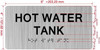 Sign HOT WATER TANK  with Raised letters/Image & Grade 2 Braille - Includes Red Adhesive pad for Easy Installation (Brushed Aluminum/silver, Tacticle ) - The park Ave Line