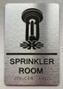 Signage SPRINKLER ROOM  with Raised letters/Image & Grade 2 Braille - Includes Red Adhesive pad for Easy Installation ( Brushed Aluminum/silver, Tacticle ) - The park Ave Line