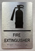 Signage FIRE EXTINGUISHER  with Raised letters/Image & Grade 2 Braille - Includes Red Adhesive pad for Easy Installation ( Brushed Aluminum/silver, Tacticle ) - The park Ave Line