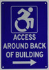 ACCESSIBLE Entrance Around Back of Building Right Arrow Signage-The Pour Tous Blue LINE