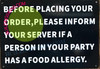 Signage Food Allergy Notice -Before Placing Your Order, Please INFROM Server IF A Person HAS Food Allergy