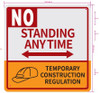 NO Standing Anytime Temporary Construction Regulation Sign- Two Sided Arrow