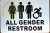 The "All Gender Restroom" sign is a type of informational sign used to indicate the location of a restroom that is available for use by people of all genders. This type of sign is becoming increasingly common in public places, as a way to promote inclusiveness and accommodate the needs of people who may not identify as male or female.

The "All Gender Restroom" sign typically displays the words "All Gender Restroom" along with an illustration or symbol, such as a graphic of a person or a unisex symbol, to emphasize the message. The sign may also include additional information, such as the location of the restroom or the hours of operation.

The "All Gender Restroom" sign should be placed in a visible location near the entrance to the restroom, where it can be easily seen by building occupants and visitors. In addition, it may also be helpful to have additional signage, such as directional signs, to help people locate the restroom.

In conclusion, the "All Gender Restroom" sign is an important tool for promoting inclusiveness and accommodating the needs of people who may not identify as male or female. By clearly indicating the location of the all-gender restroom, the sign helps to ensure that people are able to find a restroom that is safe and accessible for them.