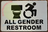 The "All Gender Restroom" sign is a type of informational sign used to indicate the location of a restroom that is available for use by people of all genders. This type of sign is becoming increasingly common in public places, as a way to promote inclusiveness and accommodate the needs of people who may not identify as male or female.

The "All Gender Restroom" sign typically displays the words "All Gender Restroom" along with an illustration or symbol, such as a graphic of a person or a unisex symbol, to emphasize the message. The sign may also include additional information, such as the location of the restroom or the hours of operation.

The "All Gender Restroom" sign should be placed in a visible location near the entrance to the restroom, where it can be easily seen by building occupants and visitors. In addition, it may also be helpful to have additional signage, such as directional signs, to help people locate the restroom.

In conclusion, the "All Gender Restroom" sign is an important tool for promoting inclusiveness and accommodating the needs of people who may not identify as male or female. By clearly indicating the location of the all-gender restroom, the sign helps to ensure that people are able to find a restroom that is safe and accessible for them.