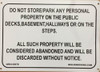 do not store any personal property in hallway basements or steps sign