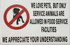 WE Love Pets, BUT ONLY Service Animals are Allowed in Food Service Facilities (Sticker)