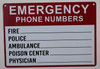 Emergency Phone Numbers Safety SIGNAGE - Fire, Police, Ambulance, Poison Center, Physician