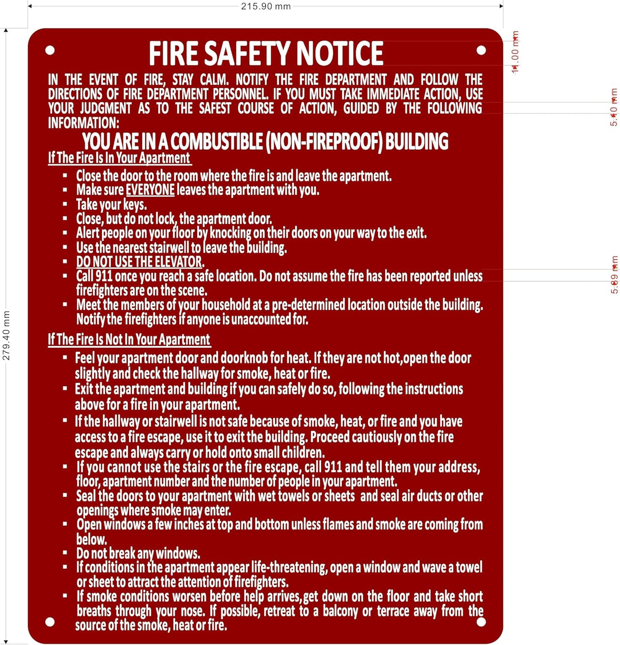 Notice Sign Color:red HPD NYC LOBBY FIRE SAFETY NOTICE NON FIRE PROOF BUILDING/FDNY LOOBY ...