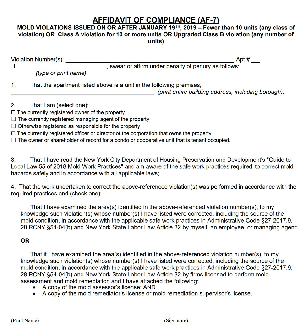AFFIDAVIT OF COMPLIANCE (AF-8) HPD