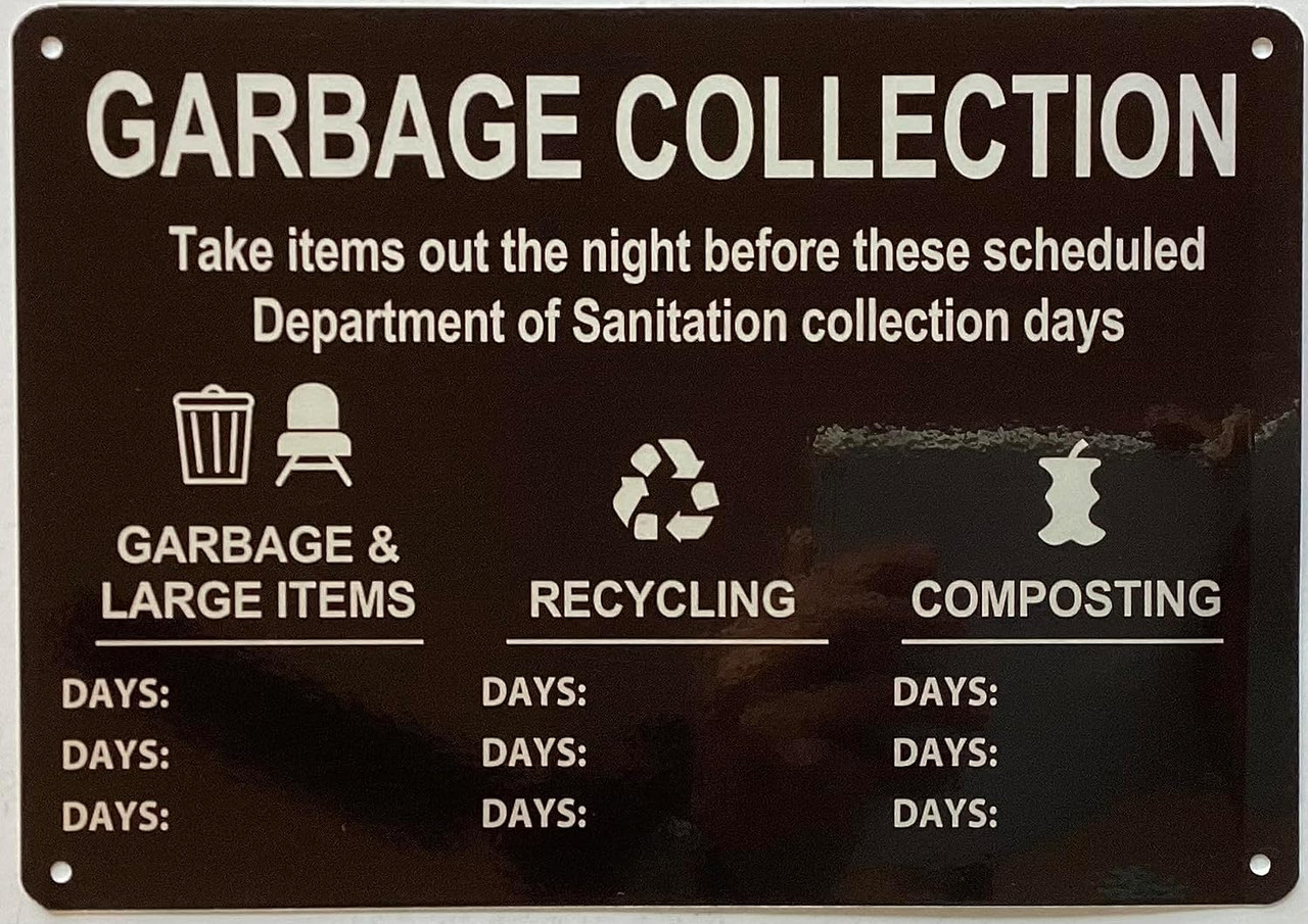 GARBAGE COLLECTION DAYS SIGN (Black, ALUMINIUM, REFLECTIVE. 7X10 INCH,HEAVY DUTY, RUST FREE) - HPDSIGNS.NYC garbage-collection-days-sign-black-aluminium-reflective-7x10-inch-heavy-duty-rust-free-hpdsigns-nyc