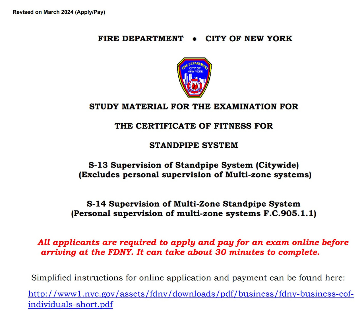 FDNY STUDAY MATERIAL FOR CERTIFICATE OF FITNESS FOR STANDPIPE