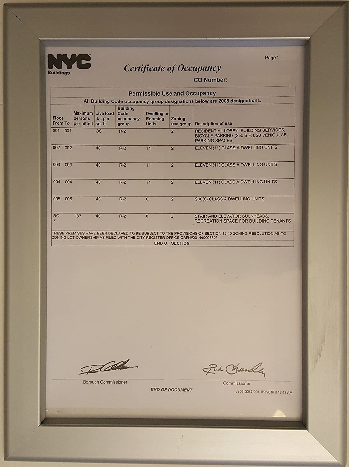 Elevator Certificate Frame Front Load