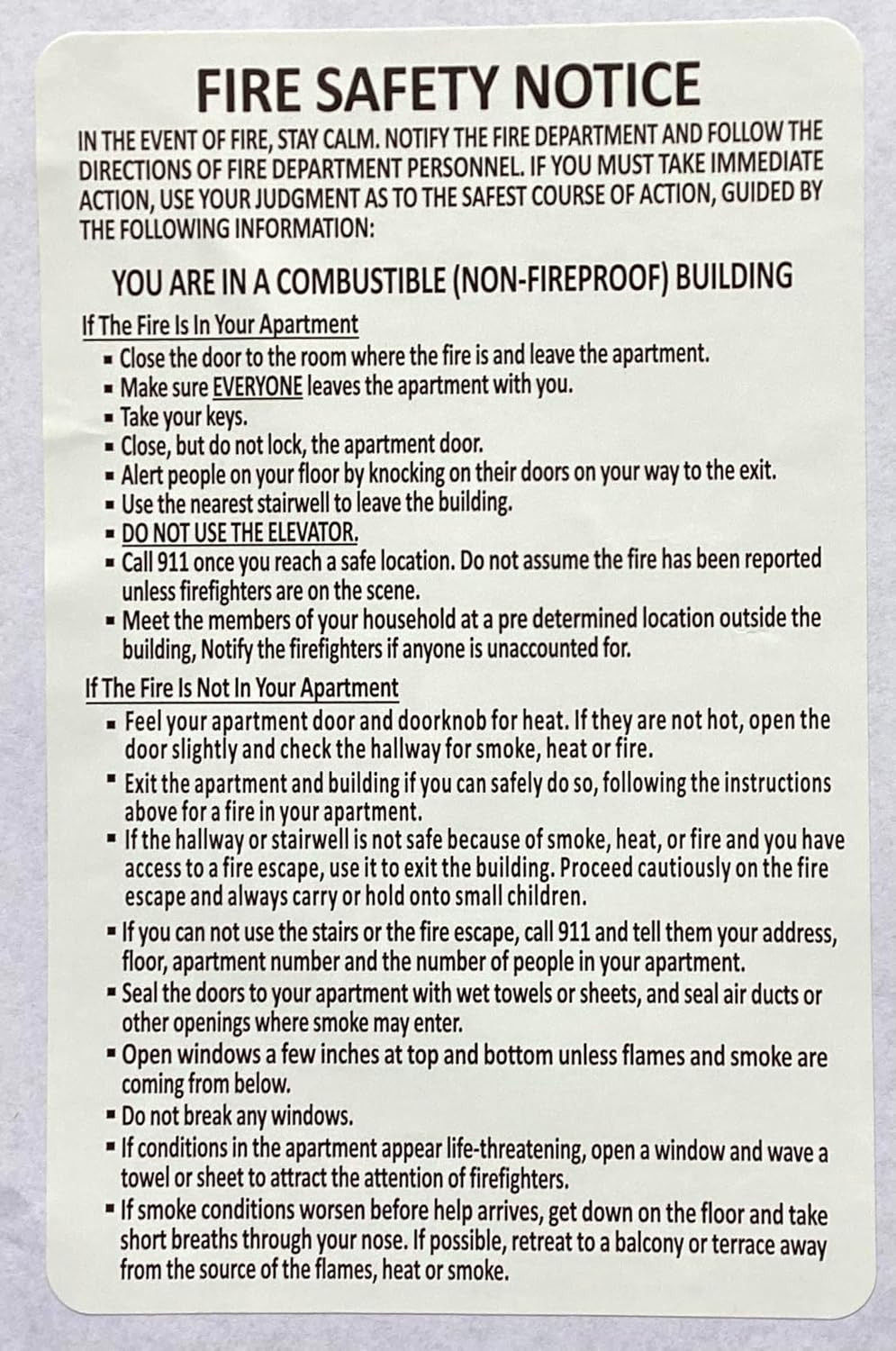 Fire Risk Notice Pack of 8 -Sticker HPD NYC Door FIRE Safety Notice FIRE Proof Building ...