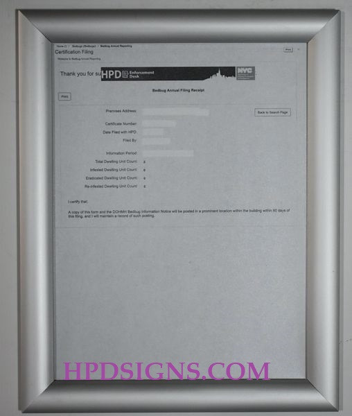 HPD Bedbug Annual Filing Receipt Frame