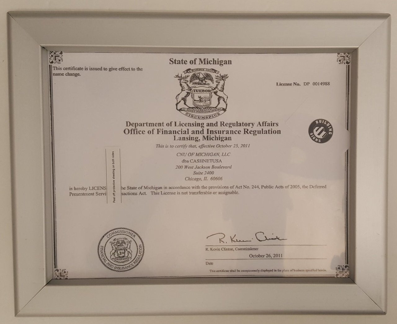 Business License Certificate Frame NV