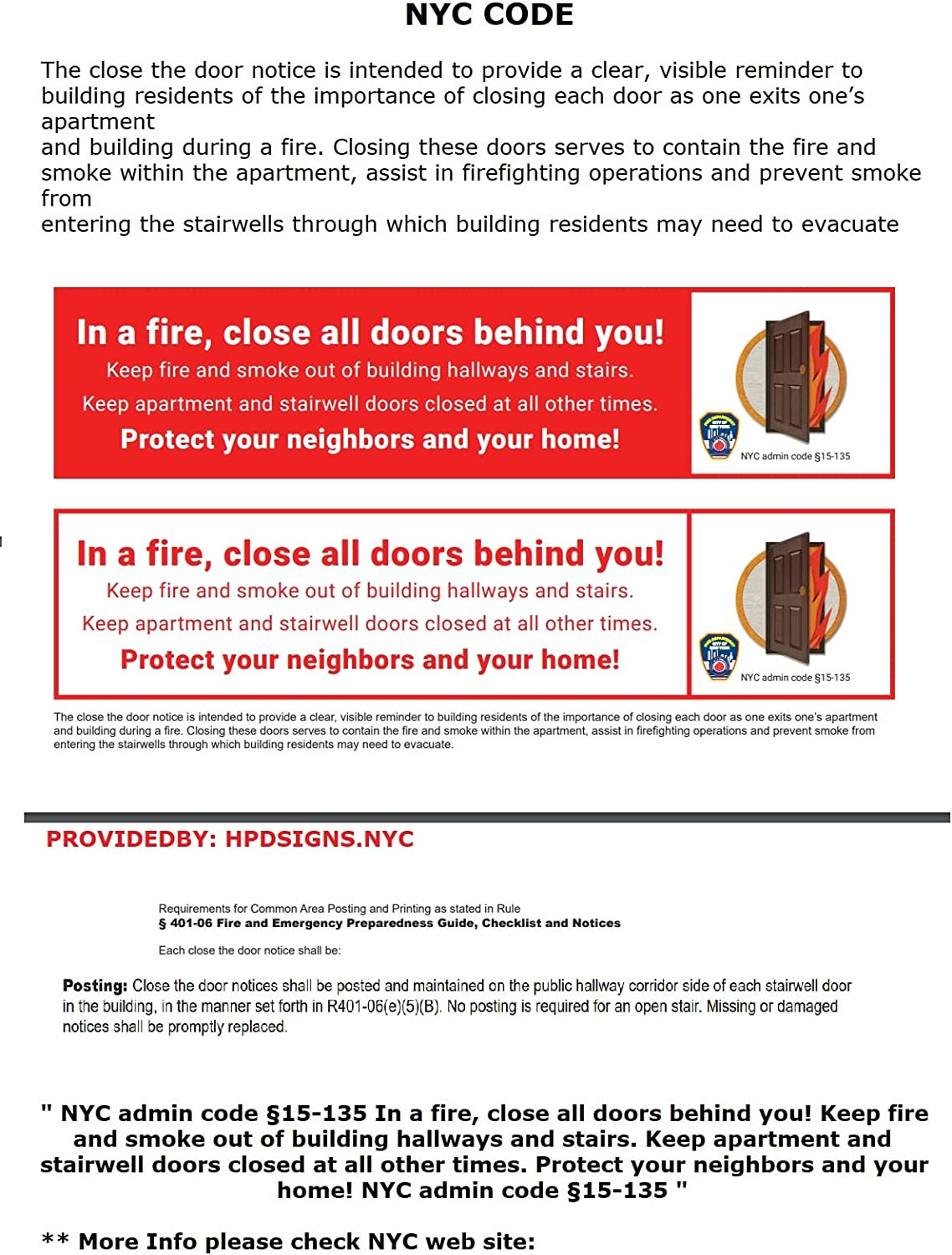 FDNY Sign, New York ."in a Fire, Close All Doors Behind You" Sign (Reflective !!!, Rust Free ...