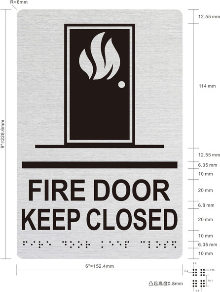 Sign FIRE DOOR KEEP CLOSED  Raised letters, Raised Image & Grade 2 Braille - Includes Red Adhesive pad for Easy Installation ( SILVER Color, Tacticle , Aluminium) - The Sensation line