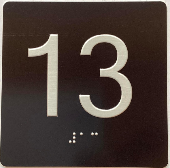 Sign Elevator 13 floor /jamb plate floor 13  letters/Image & Grade 2 Braille - Includes Red Adhesive pad for Easy Installation (BLACK, Tacticle ) - The Sensation line